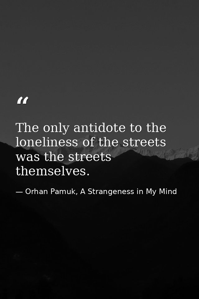 The only antidote to the loneliness of the streets was the streets themselves. — Orhan Pamuk, A Strangeness in My Mind