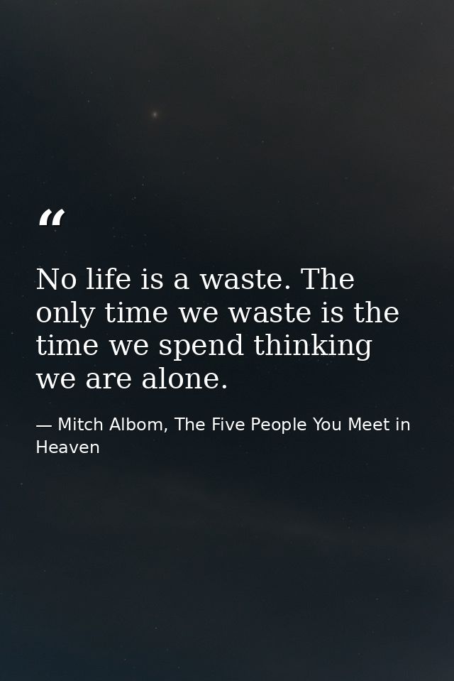 No life is a waste. The only time we waste is the time we spend thinking we are alone. — Mitch Albom, The Five People You Meet in Heaven