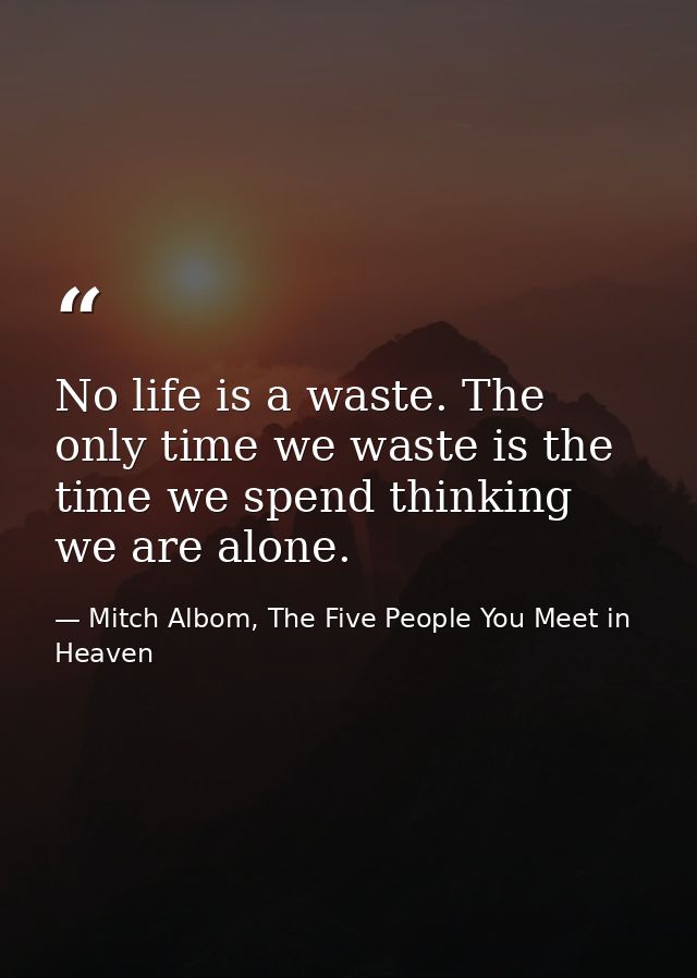 No life is a waste. The only time we waste is the time we spend thinking we are alone. — Mitch Albom, The Five People You Meet in Heaven