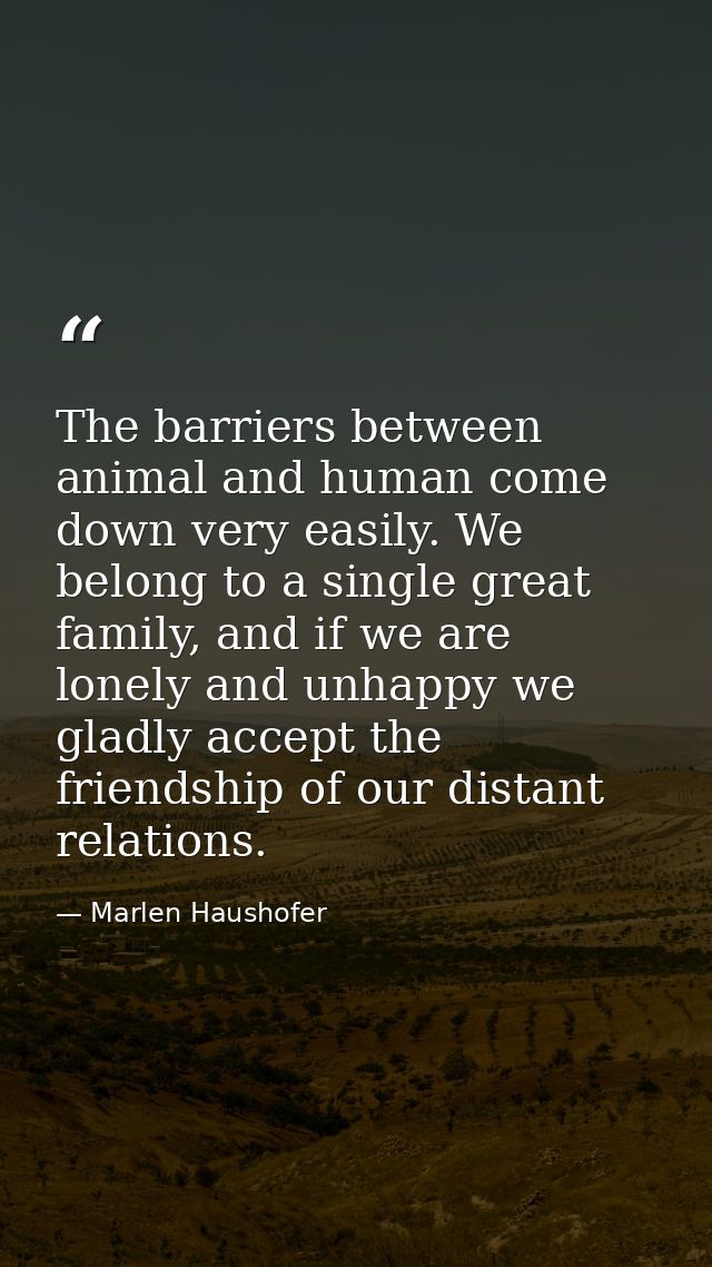 The barriers between animal and human come down very easily. We belong to a single great family, and if we are lonely an — Marlen Haushofer