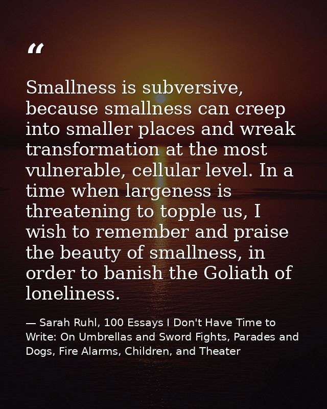 Smallness is subversive, because smallness can creep into smaller places and wreak transformation at the most vulnerable — Sarah Ruhl, 100 Essays I Don't Have Time to Write: On Umbrellas and Sword Fights, Parades and Dogs, Fire Alarms, Children, and Theater