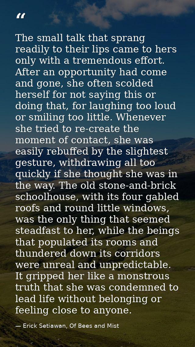 The small talk that sprang readily to their lips came to hers only with a tremendous effort. After an opportunity had co — Erick Setiawan, Of Bees and Mist