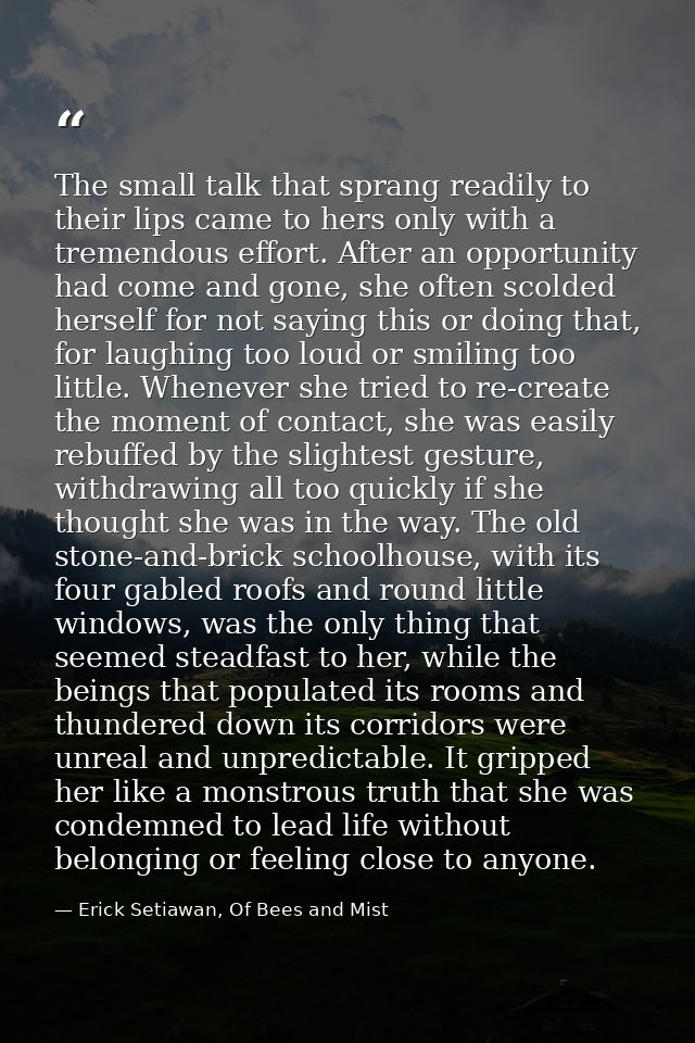 The small talk that sprang readily to their lips came to hers only with a tremendous effort. After an opportunity had co — Erick Setiawan, Of Bees and Mist