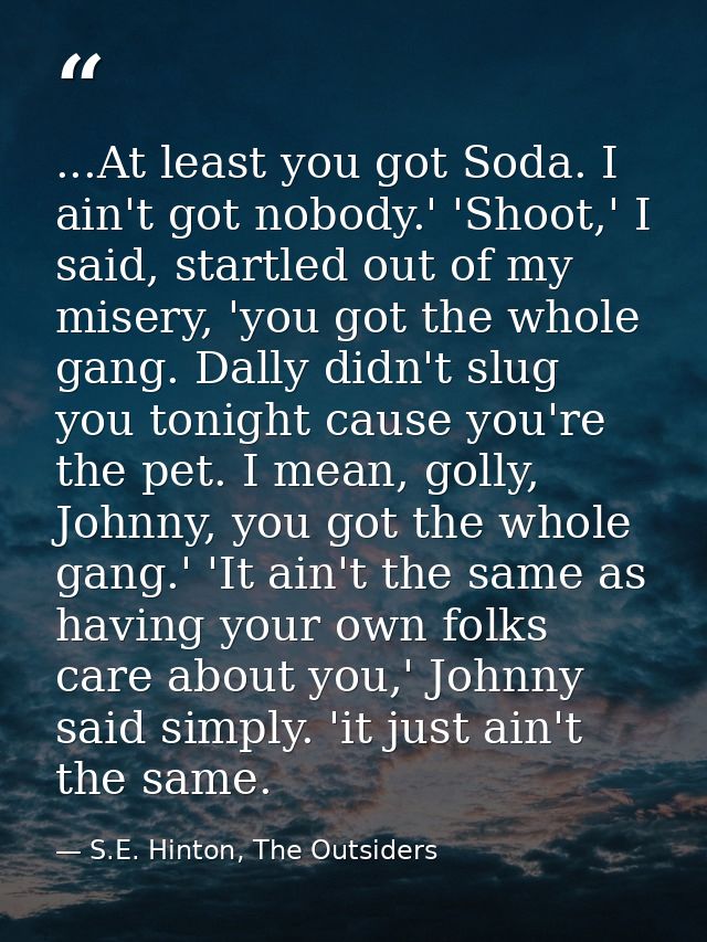 ...At least you got Soda. I ain't got nobody.' 'Shoot,' I said, startled out of my misery, 'you got the whole gang. Dall — S.E. Hinton, The Outsiders
