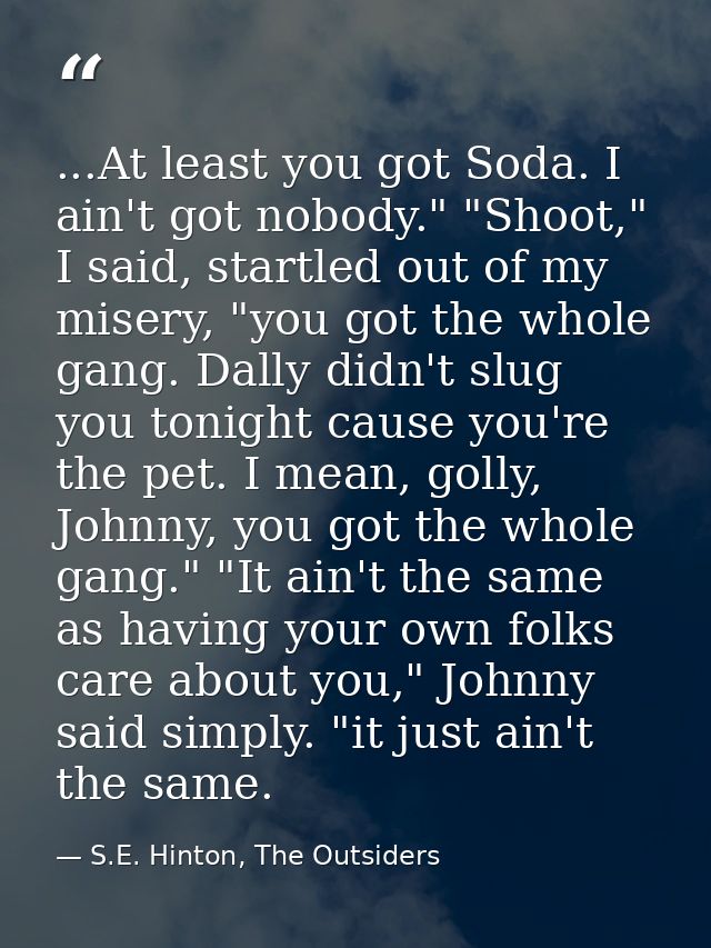 ...At least you got Soda. I ain't got nobody." "Shoot," I said, startled out of my misery, "you got the whole gang. Dall — S.E. Hinton, The Outsiders