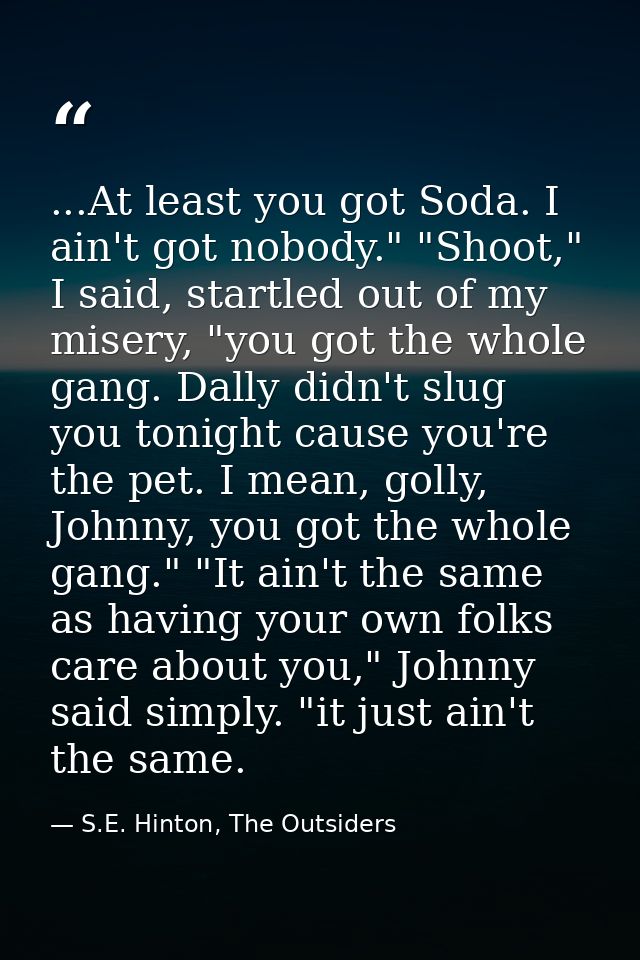 ...At least you got Soda. I ain't got nobody." "Shoot," I said, startled out of my misery, "you got the whole gang. Dall — S.E. Hinton, The Outsiders