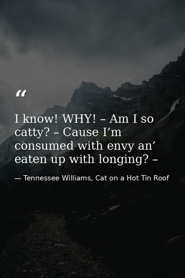 I know! WHY! – Am I so catty? – Cause I’m consumed with envy an’ eaten up with longing? – — Tennessee Williams, Cat on a Hot Tin Roof