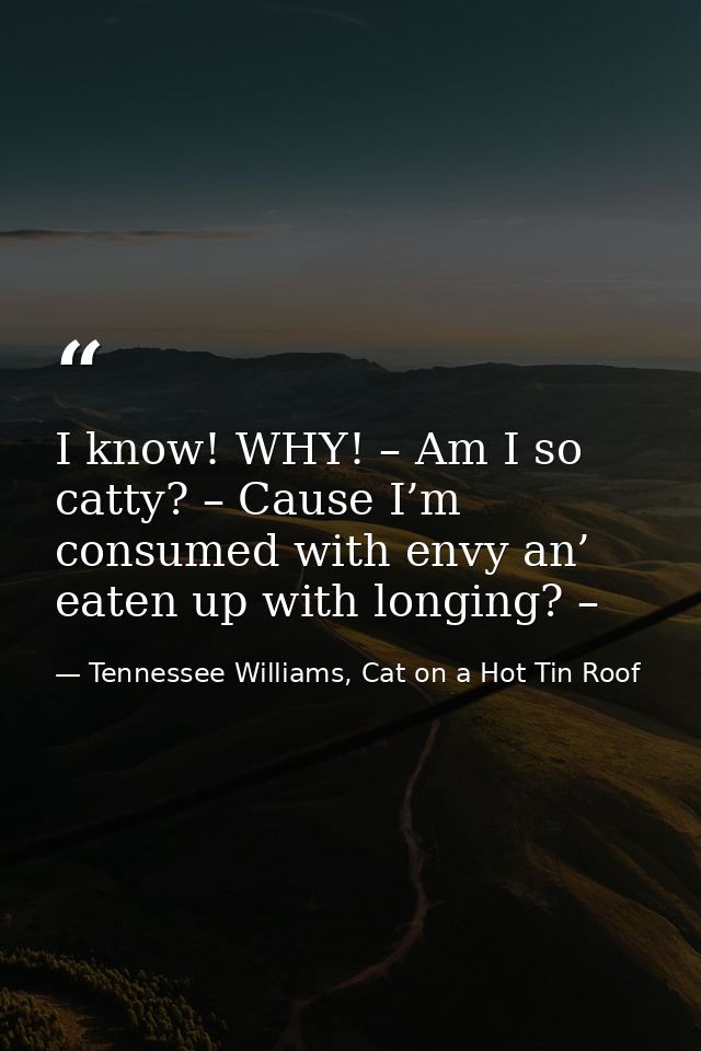 I know! WHY! – Am I so catty? – Cause I’m consumed with envy an’ eaten up with longing? – — Tennessee Williams, Cat on a Hot Tin Roof