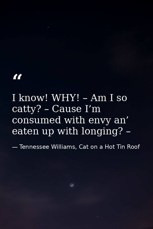 I know! WHY! – Am I so catty? – Cause I’m consumed with envy an’ eaten up with longing? – — Tennessee Williams, Cat on a Hot Tin Roof