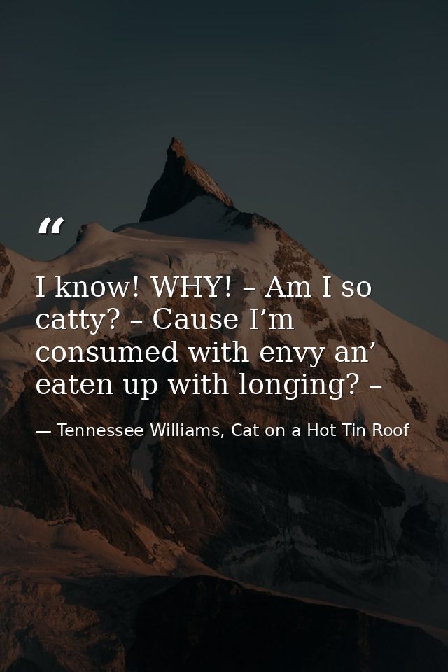 I know! WHY! – Am I so catty? – Cause I’m consumed with envy an’ eaten up with longing? – — Tennessee Williams, Cat on a Hot Tin Roof