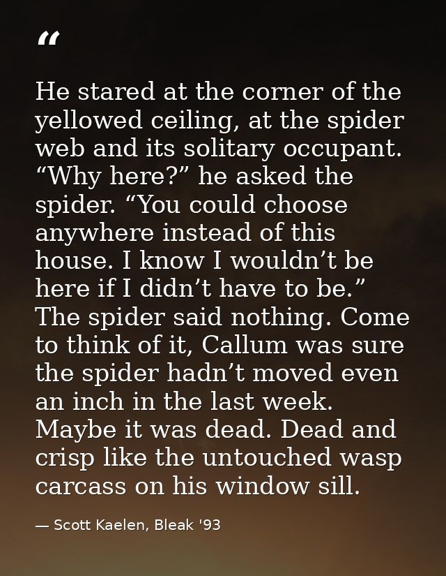 He stared at the corner of the yellowed ceiling, at the spider web and its solitary occupant. “Why here?” he asked the s — Scott Kaelen, Bleak '93