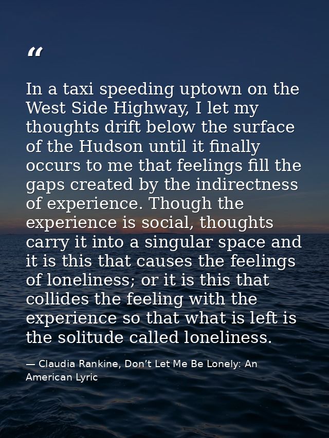 In a taxi speeding uptown on the West Side Highway, I let my thoughts drift below the surface of the Hudson until it fin — Claudia Rankine, Don’t Let Me Be Lonely: An American Lyric