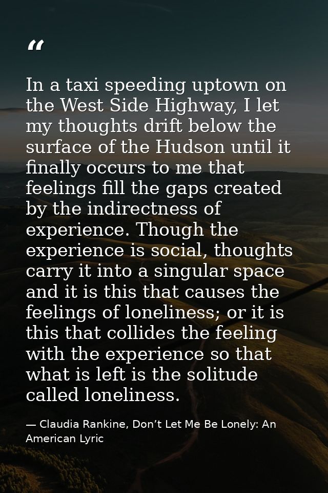 In a taxi speeding uptown on the West Side Highway, I let my thoughts drift below the surface of the Hudson until it fin — Claudia Rankine, Don’t Let Me Be Lonely: An American Lyric