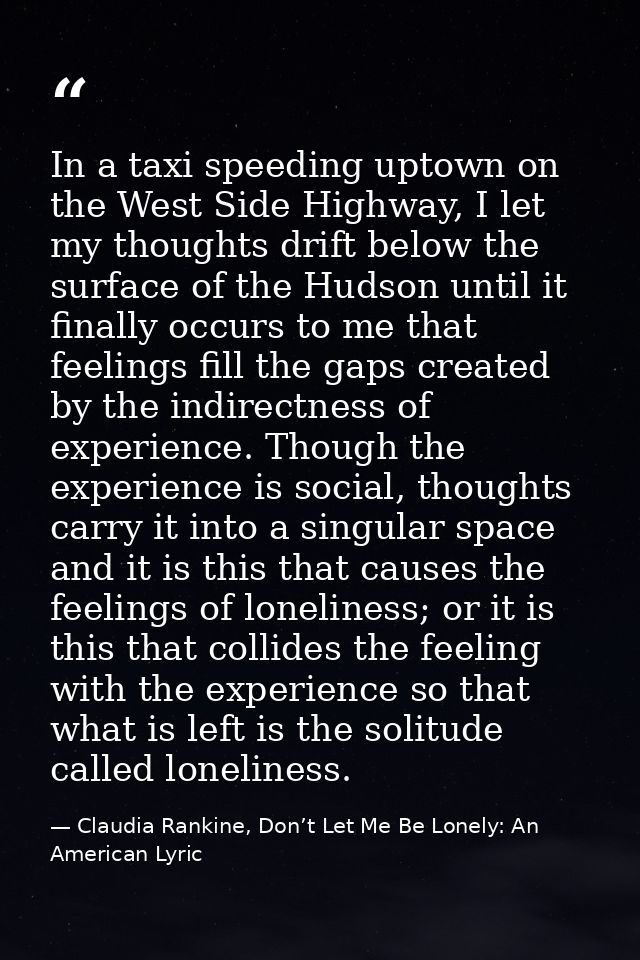 In a taxi speeding uptown on the West Side Highway, I let my thoughts drift below the surface of the Hudson until it fin — Claudia Rankine, Don’t Let Me Be Lonely: An American Lyric