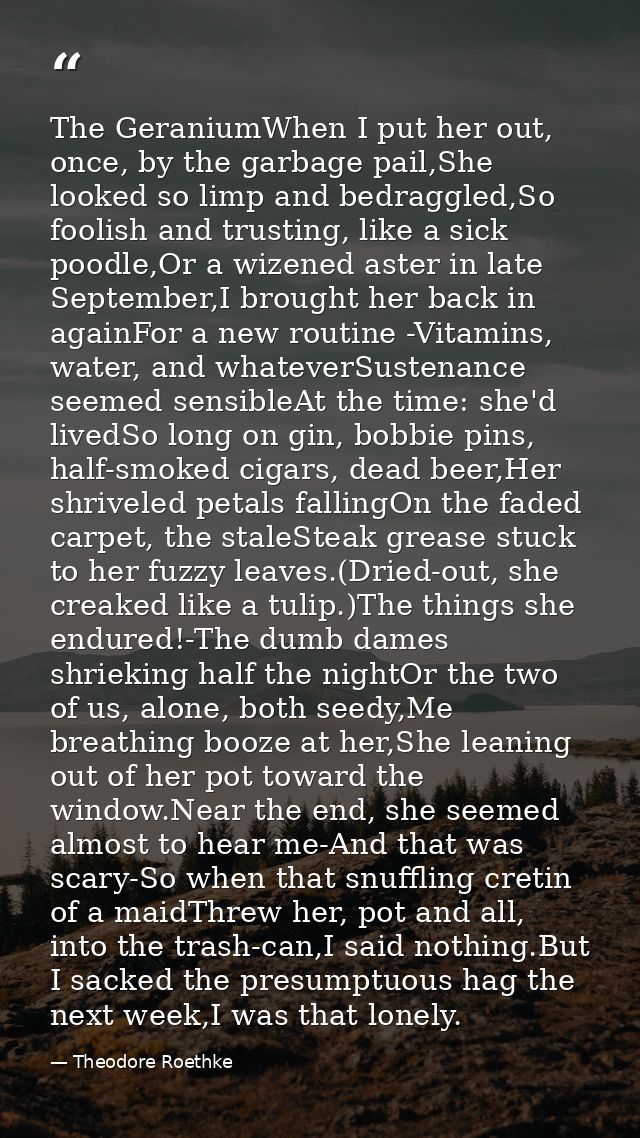 The GeraniumWhen I put her out, once, by the garbage pail,She looked so limp and bedraggled,So foolish and trusting, lik — Theodore Roethke
