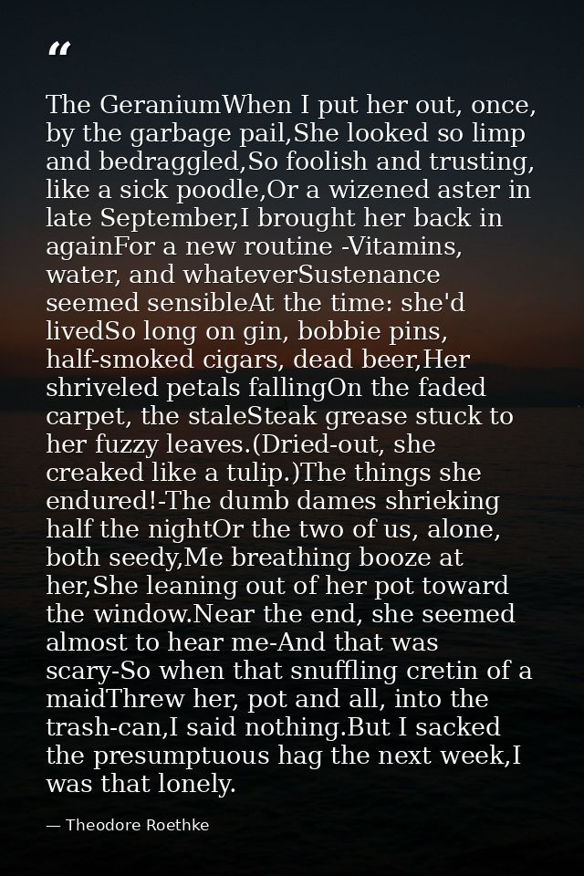 The GeraniumWhen I put her out, once, by the garbage pail,She looked so limp and bedraggled,So foolish and trusting, lik — Theodore Roethke