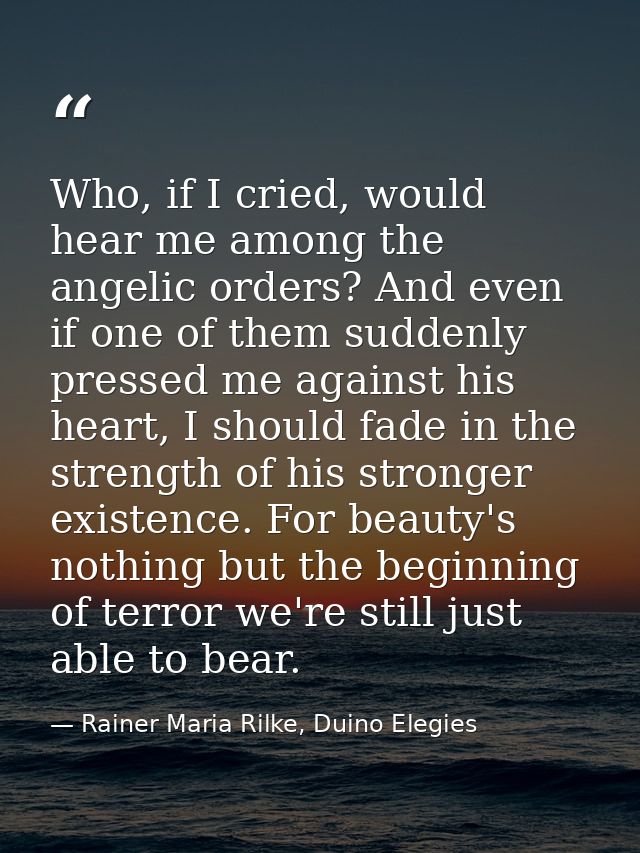 Who, if I cried, would hear me among the angelic orders? And even if one of them suddenly pressed me against his heart,  — Rainer Maria Rilke, Duino Elegies