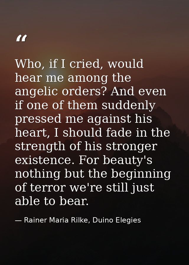 Who, if I cried, would hear me among the angelic orders? And even if one of them suddenly pressed me against his heart,  — Rainer Maria Rilke, Duino Elegies