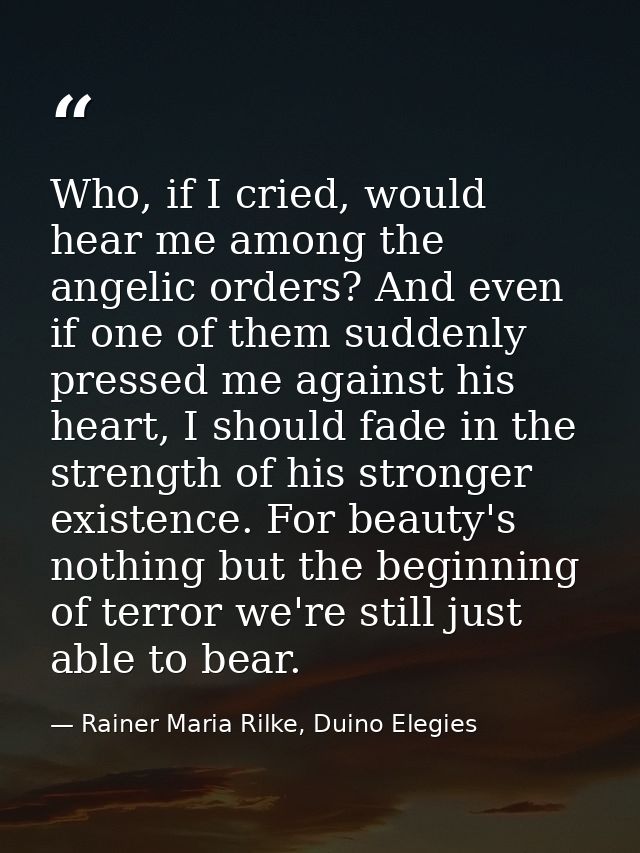 Who, if I cried, would hear me among the angelic orders? And even if one of them suddenly pressed me against his heart,  — Rainer Maria Rilke, Duino Elegies