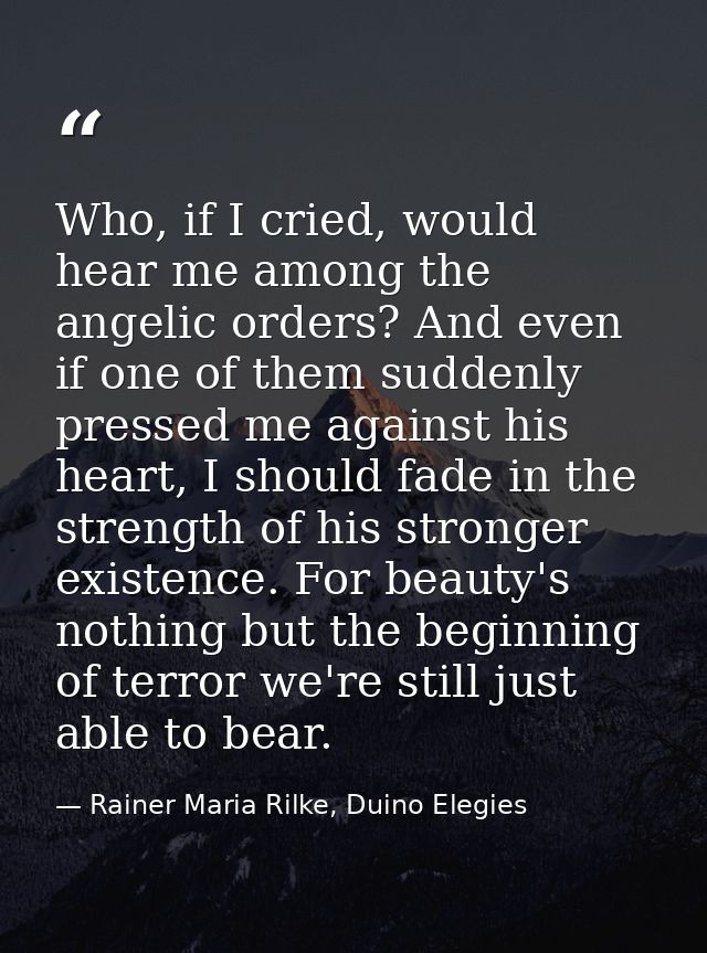 Who, if I cried, would hear me among the angelic orders? And even if one of them suddenly pressed me against his heart,  — Rainer Maria Rilke, Duino Elegies