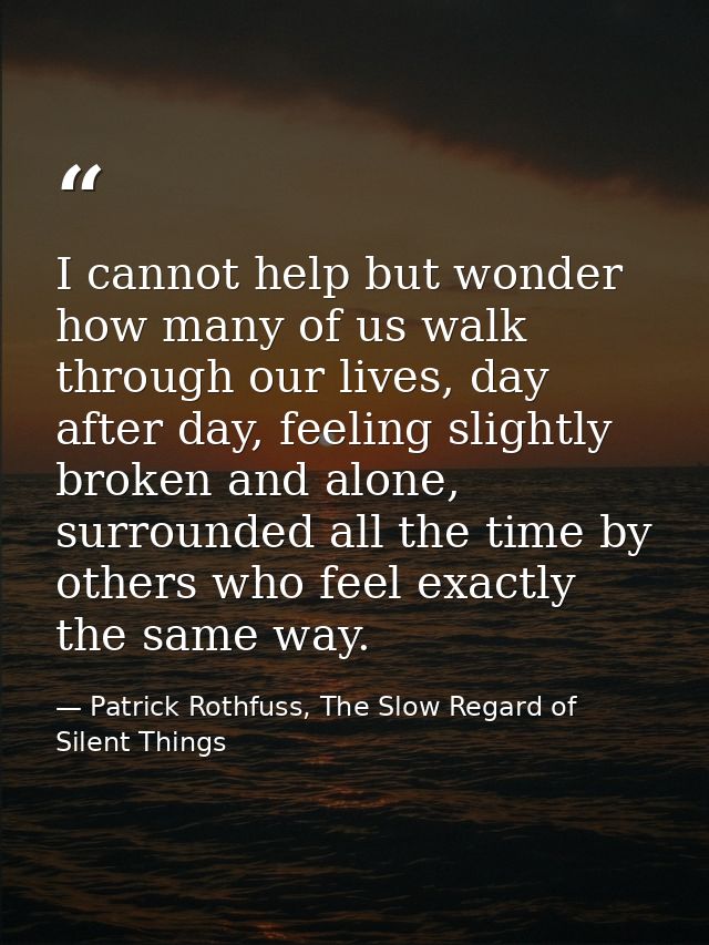 I cannot help but wonder how many of us walk through our lives, day after day, feeling slightly broken and alone, surrou — Patrick Rothfuss, The Slow Regard of Silent Things
