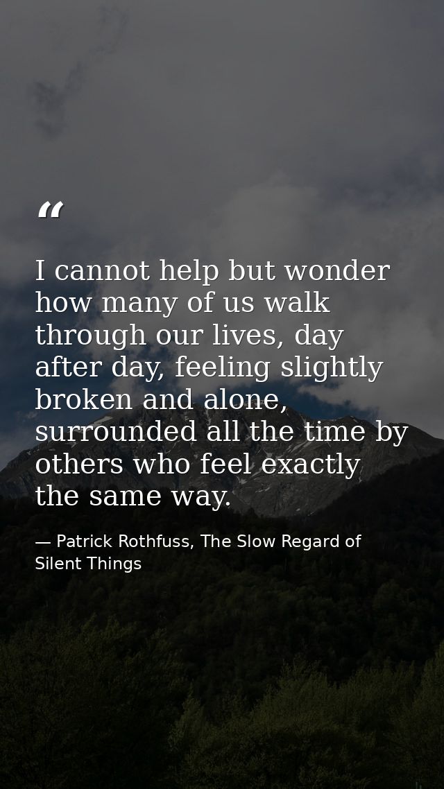 I cannot help but wonder how many of us walk through our lives, day after day, feeling slightly broken and alone, surrou — Patrick Rothfuss, The Slow Regard of Silent Things