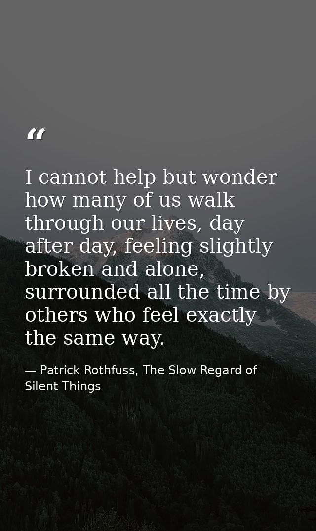 I cannot help but wonder how many of us walk through our lives, day after day, feeling slightly broken and alone, surrou — Patrick Rothfuss, The Slow Regard of Silent Things