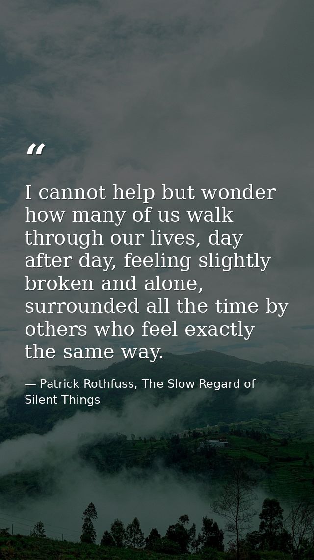 I cannot help but wonder how many of us walk through our lives, day after day, feeling slightly broken and alone, surrou — Patrick Rothfuss, The Slow Regard of Silent Things