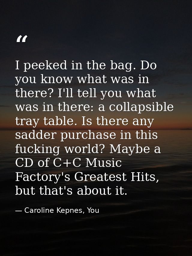 I peeked in the bag. Do you know what was in there? I'll tell you what was in there: a collapsible tray table. Is there  — Caroline Kepnes, You