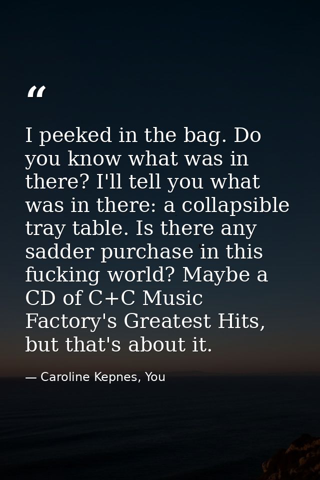 I peeked in the bag. Do you know what was in there? I'll tell you what was in there: a collapsible tray table. Is there  — Caroline Kepnes, You