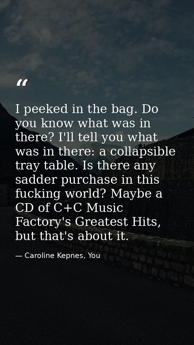 I peeked in the bag. Do you know what was in there? I'll tell you what was in there: a collapsible tray table. Is there  — Caroline Kepnes, You