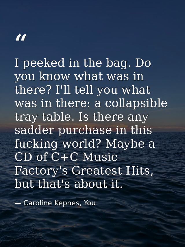 I peeked in the bag. Do you know what was in there? I'll tell you what was in there: a collapsible tray table. Is there  — Caroline Kepnes, You