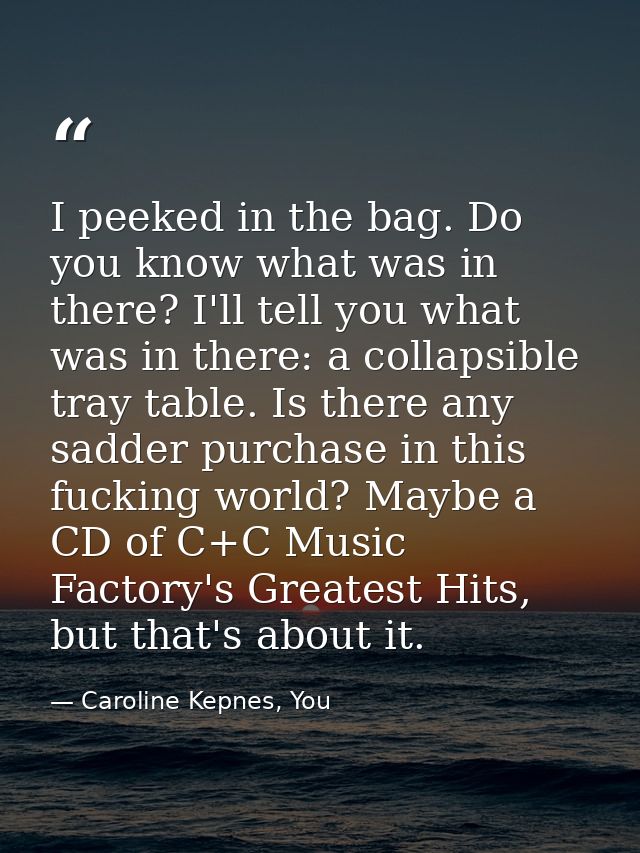 I peeked in the bag. Do you know what was in there? I'll tell you what was in there: a collapsible tray table. Is there  — Caroline Kepnes, You