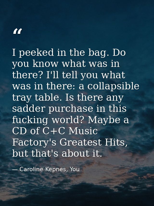 I peeked in the bag. Do you know what was in there? I'll tell you what was in there: a collapsible tray table. Is there  — Caroline Kepnes, You