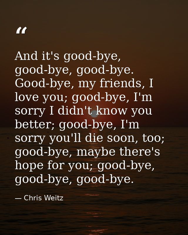 And it's good-bye, good-bye, good-bye. Good-bye, my friends, I love you; good-bye, I'm sorry I didn't know you better; g — Chris Weitz