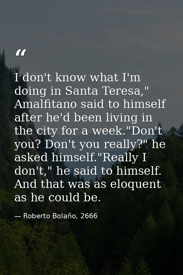 I don't know what I'm doing in Santa Teresa," Amalfitano said to himself after he'd been living in the city for a week." — Roberto Bolaño, 2666