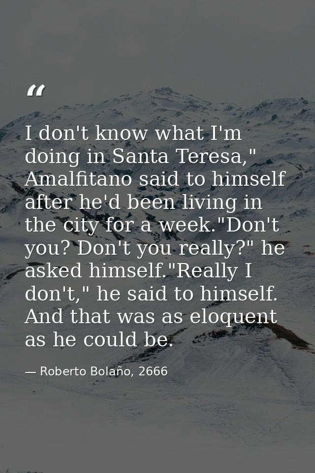 I don't know what I'm doing in Santa Teresa," Amalfitano said to himself after he'd been living in the city for a week." — Roberto Bolaño, 2666