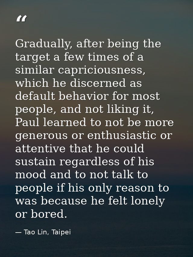 Gradually, after being the target a few times of a similar capriciousness, which he discerned as default behavior for mo — Tao Lin, Taipei