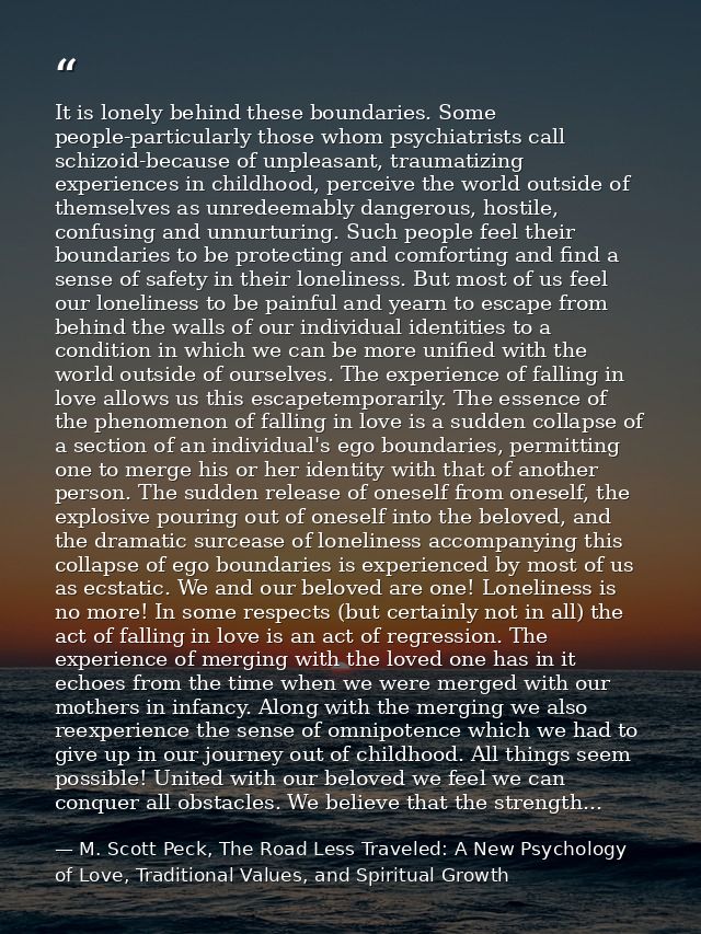It is lonely behind these boundaries. Some people-particularly those whom psychiatrists call schizoid-because of unpleas — M. Scott Peck, The Road Less Traveled: A New Psychology of Love, Traditional Values, and Spiritual Growth