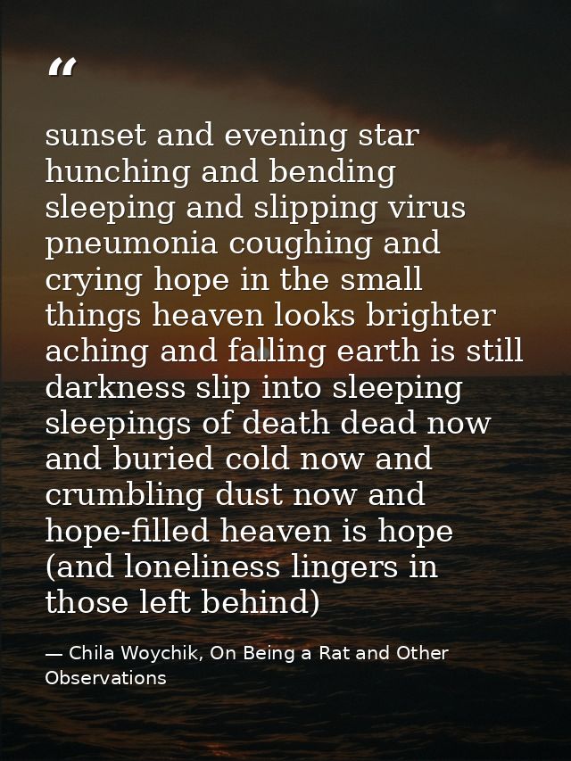 sunset and evening star hunching and bending sleeping and slipping virus pneumonia coughing and crying hope in the small — Chila Woychik, On Being a Rat and Other Observations
