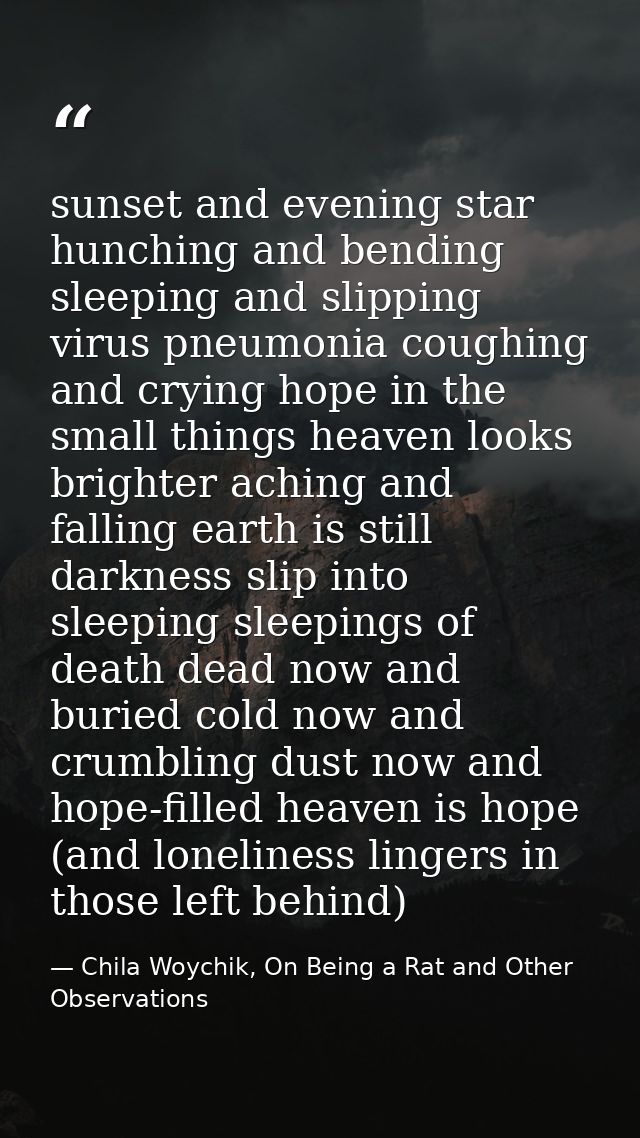 sunset and evening star hunching and bending sleeping and slipping virus pneumonia coughing and crying hope in the small — Chila Woychik, On Being a Rat and Other Observations
