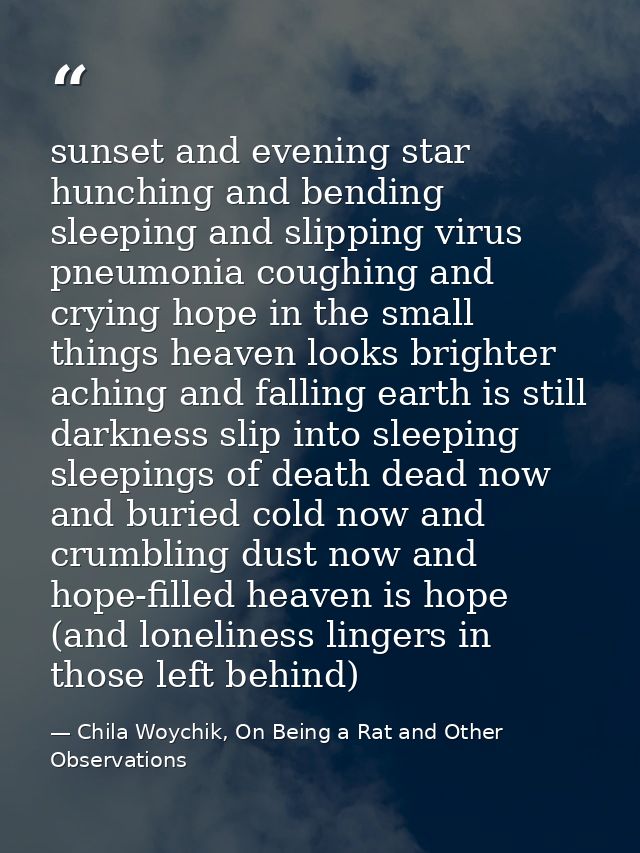 sunset and evening star hunching and bending sleeping and slipping virus pneumonia coughing and crying hope in the small — Chila Woychik, On Being a Rat and Other Observations