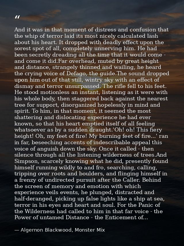 And it was in that moment of distress and confusion that the whip of terror laid its most nicely calculated lash about h — Algernon Blackwood, Monster Mix