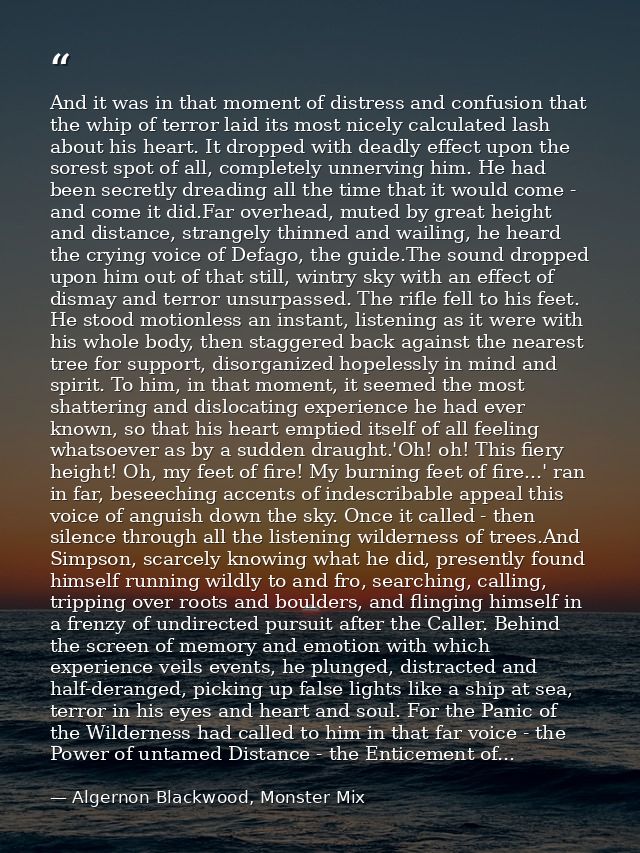 And it was in that moment of distress and confusion that the whip of terror laid its most nicely calculated lash about h — Algernon Blackwood, Monster Mix