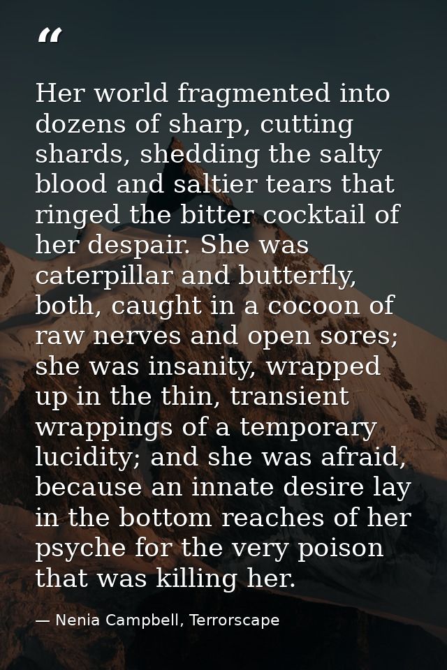 Her world fragmented into dozens of sharp, cutting shards, shedding the salty blood and saltier tears that ringed the bi — Nenia Campbell, Terrorscape