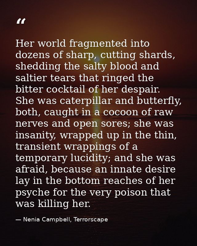 Her world fragmented into dozens of sharp, cutting shards, shedding the salty blood and saltier tears that ringed the bi — Nenia Campbell, Terrorscape