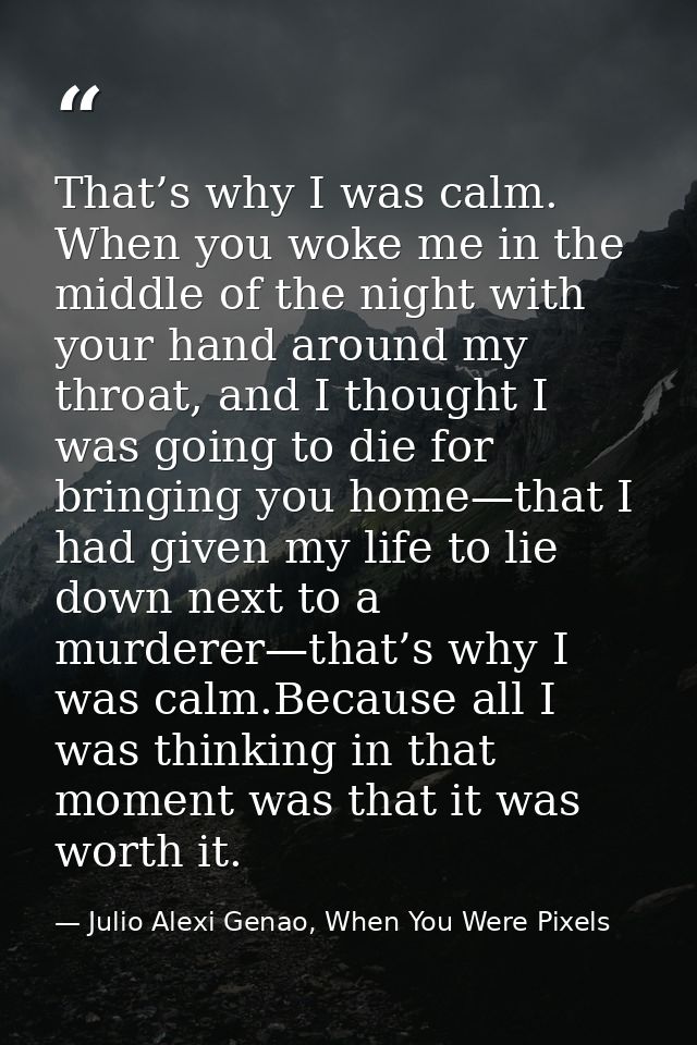 That’s why I was calm. When you woke me in the middle of the night with your hand around my throat, and I thought I was  — Julio Alexi Genao, When You Were Pixels