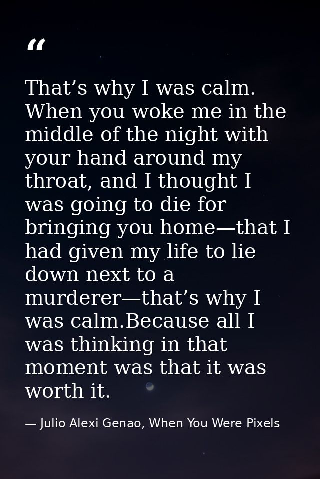 That’s why I was calm. When you woke me in the middle of the night with your hand around my throat, and I thought I was  — Julio Alexi Genao, When You Were Pixels