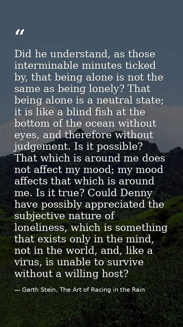 Did he understand, as those interminable minutes ticked by, that being alone is not the same as being lonely? That being — Garth Stein, The Art of Racing in the Rain