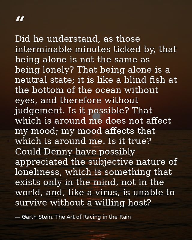 Did he understand, as those interminable minutes ticked by, that being alone is not the same as being lonely? That being — Garth Stein, The Art of Racing in the Rain